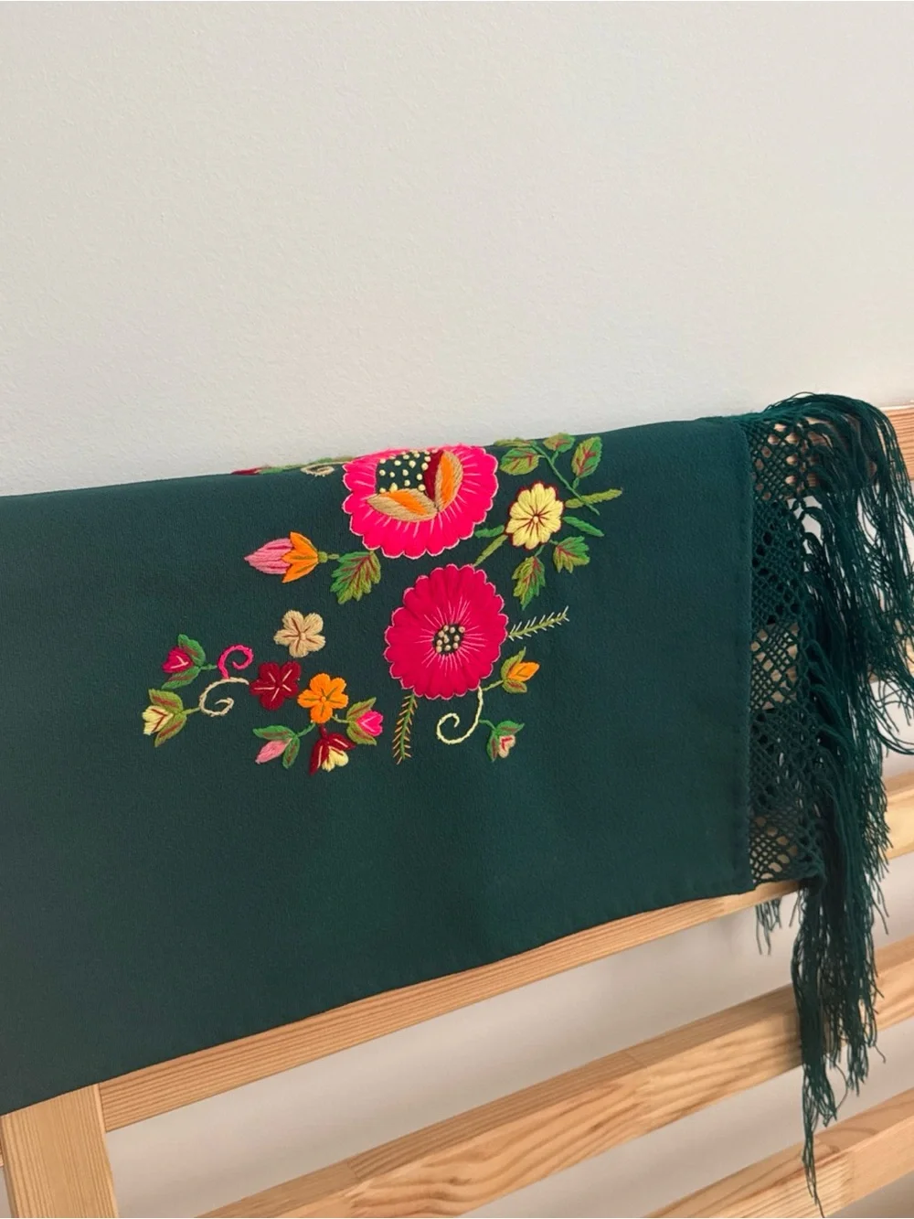 Hand Embroidered Mexican Rebozo Shawl Forest Green 3 Floral Motifs Fringe 70